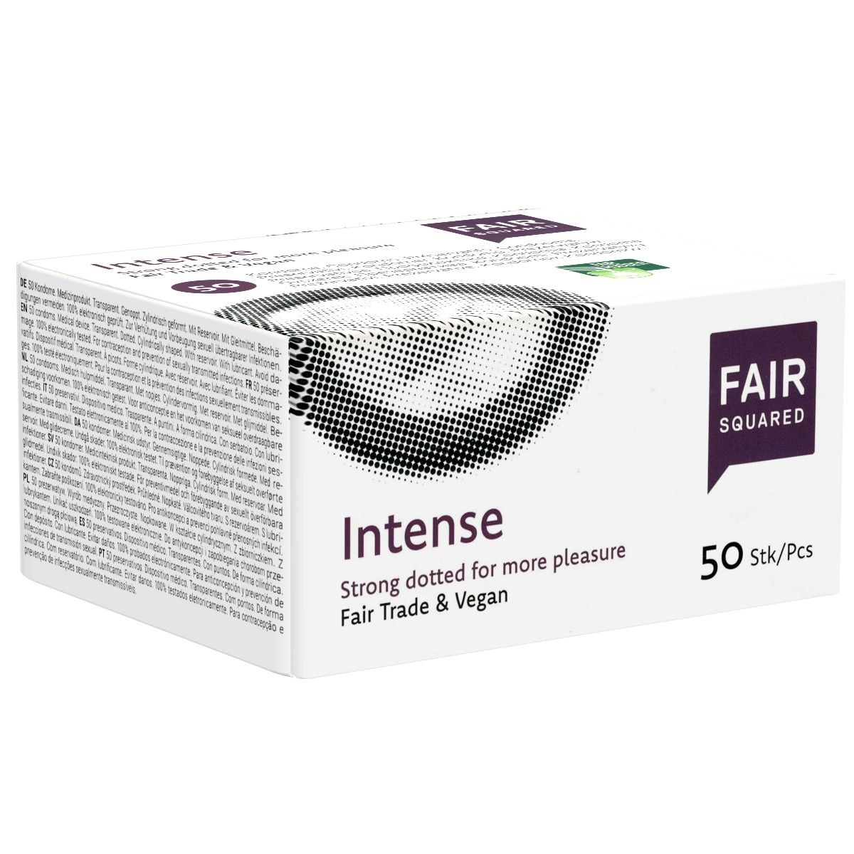 Verpackung mit 50 Fair Squared Intense Kondomen, Fair Trade & Vegan.