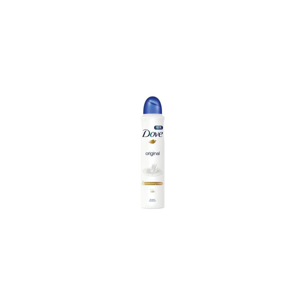 Dove Original Deodorant Spray. Weißes Spray mit blauem Deckel. Dove-Logo und 'Original' Schriftzug. Produkt auf weißem Hintergrund.