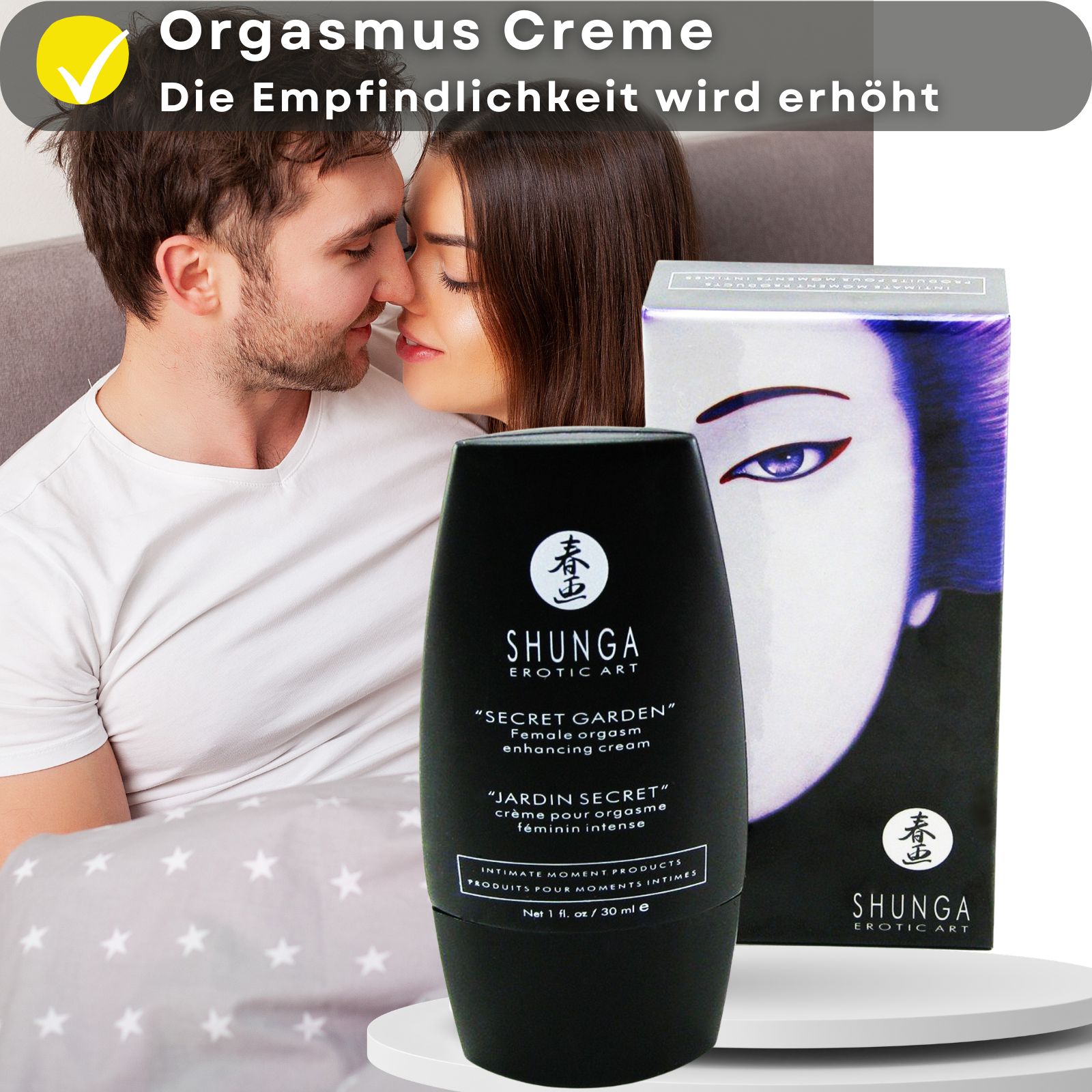 Produktflasche und Text. "Shunga Erotic Art" und "Secret Garden". 1 fl. oz / 30 ml.