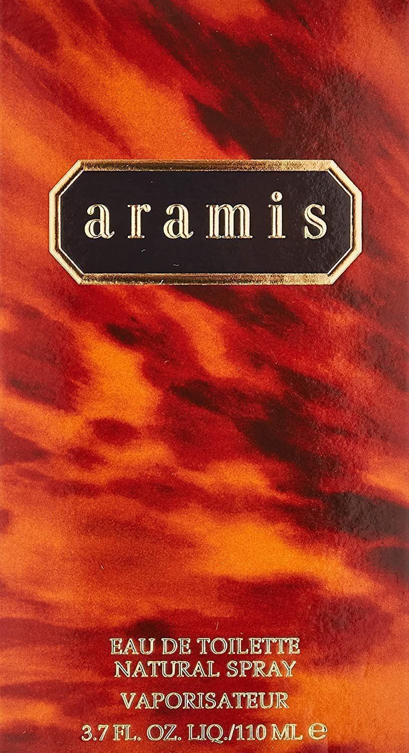 Aramis Classic Edt Spray-Schachtel. Braune Farbe mit goldfarbenem Etikett. Text: Eau de Toilette, Natural Spray.