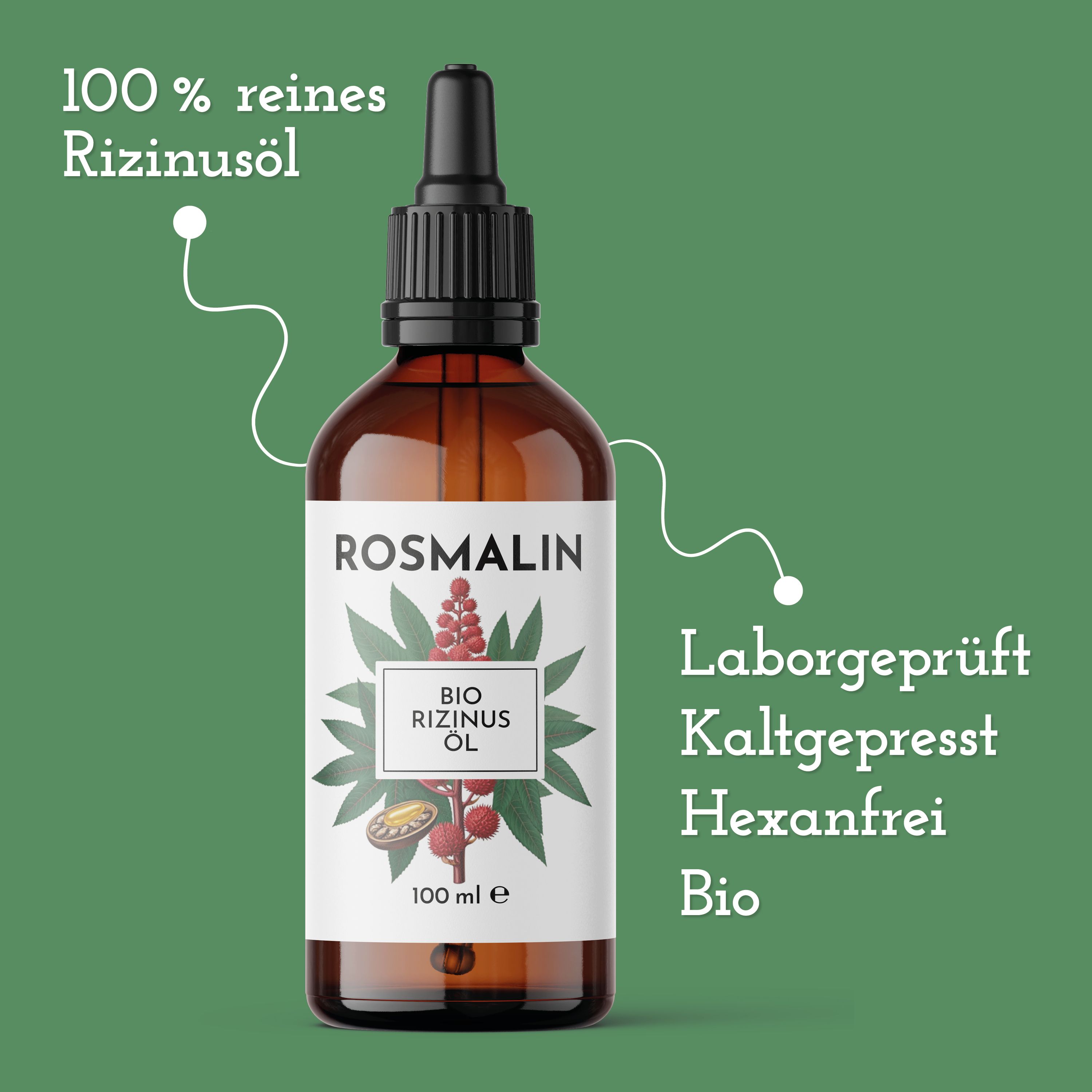 Braune Glasflasche mit Pipette. Aufschrift: ROSMALIN BIO RIZINUS ÖL. Text: 100 % reines Rizinusöl, Laborgeprüft, kaltgepresst, hexanfrei, Bio.