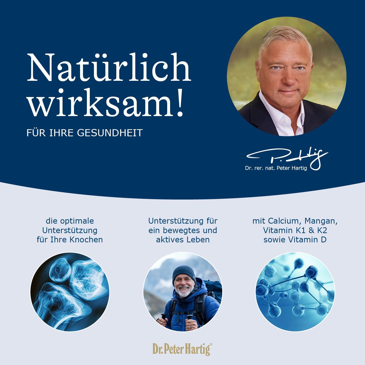 Infografik mit zwei Kapseln. Text: Täglich 2 Kapseln mit ausreichend Flüssigkeit verzehren. Nährstofftabelle.