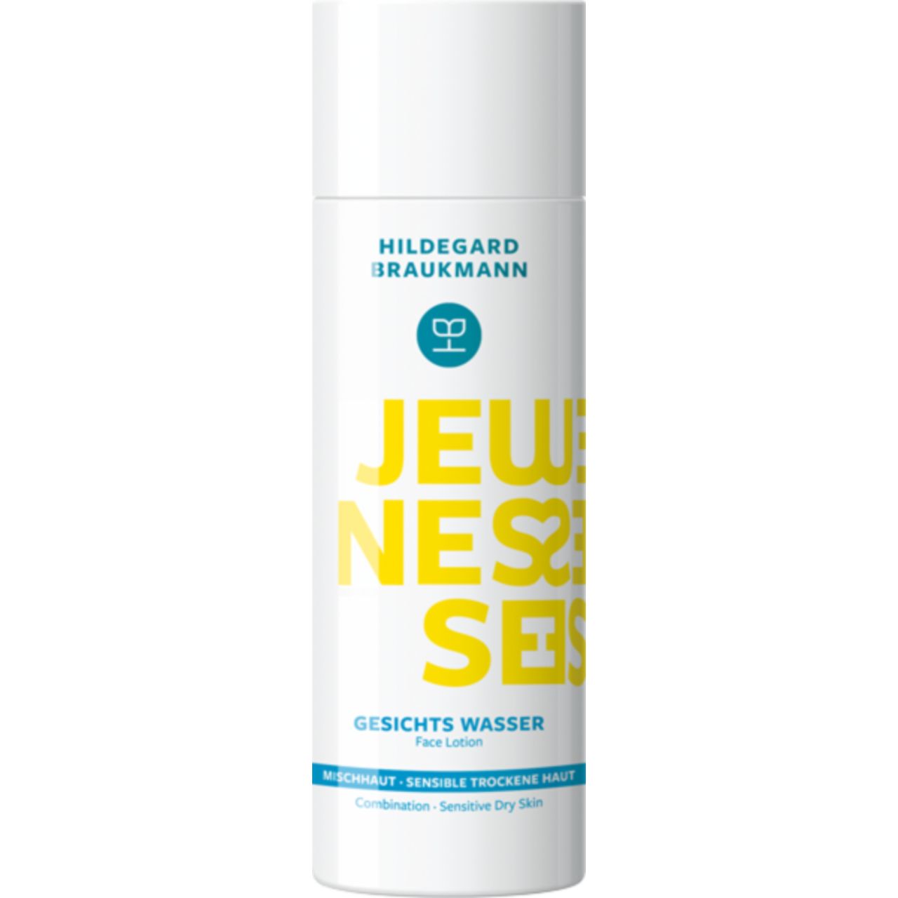 Hildegard Braukmann Jeunesse Gesichts Wasser. Weiße Flasche mit gelbem Schriftzug. Text: Gesichts Wasser, Mischhaut, sensible trockene Haut.
