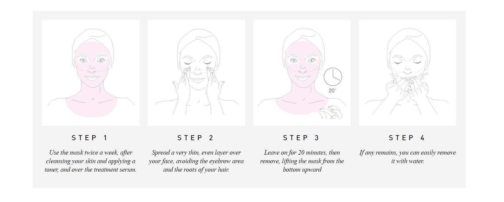 Vier Schritte zur Anwendung. Gesicht mit rosa Hautfarbe, Text darunter.