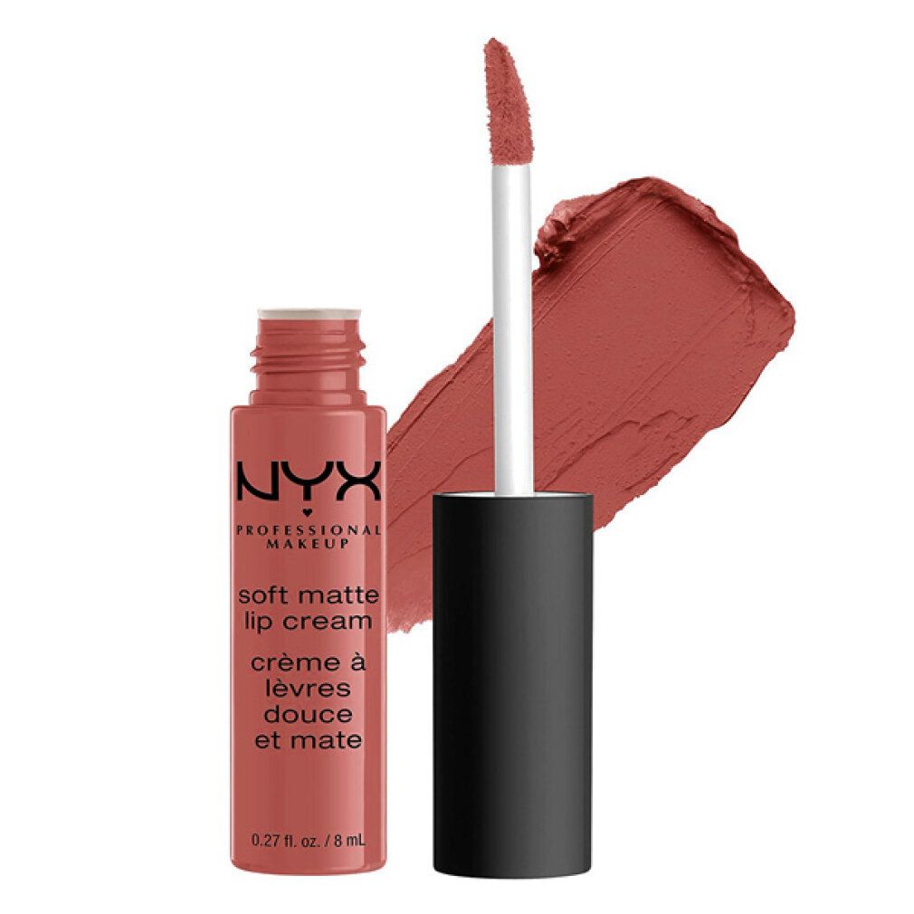 NYX Soft Matte Lip Cream in korallenroter Farbe mit Applikator und Farbmuster.