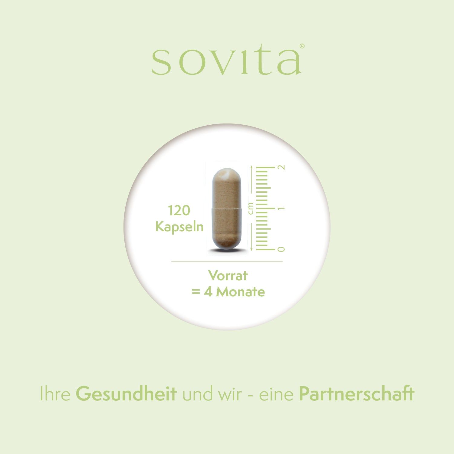 Einzelne Kapsel mit Maßangaben. Text: '120 Kapseln', 'Vorrat = 4 Monate'. Sovita-Logo. Hintergrund: Kreis.