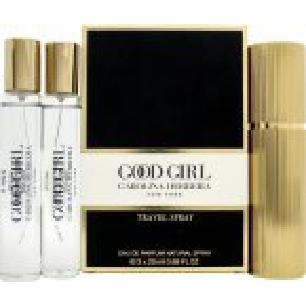 Geschenkset mit goldfarbenem Behälter, zwei Nachfüllungen und einer Schachtel. Aufschrift: Good Girl, Carolina Herrera, Travel Spray.