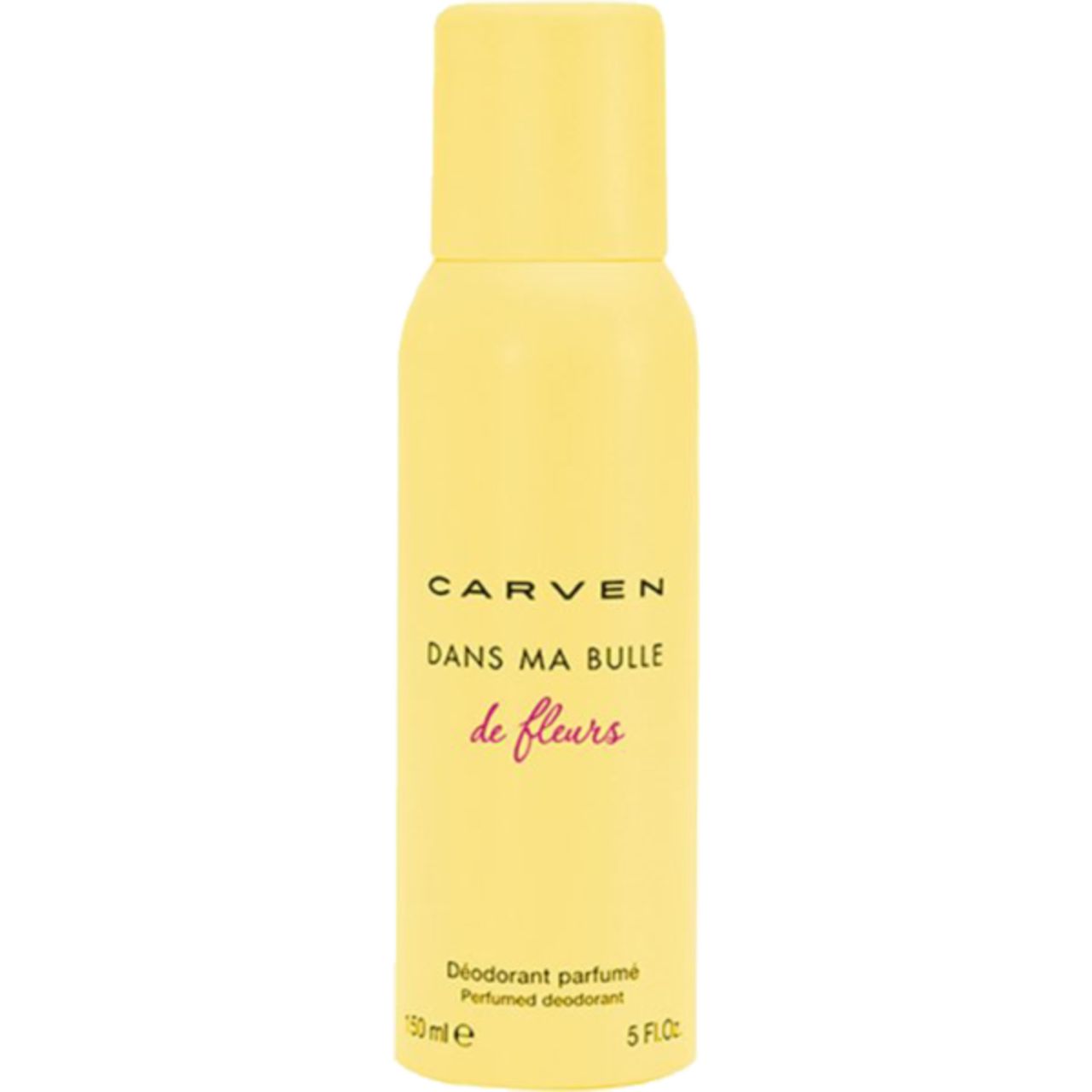 Gelbes Deodorant-Spray von Carven. Schriftzug: Dans Ma Bulle de Fleurs. Volumen: 150 ml.