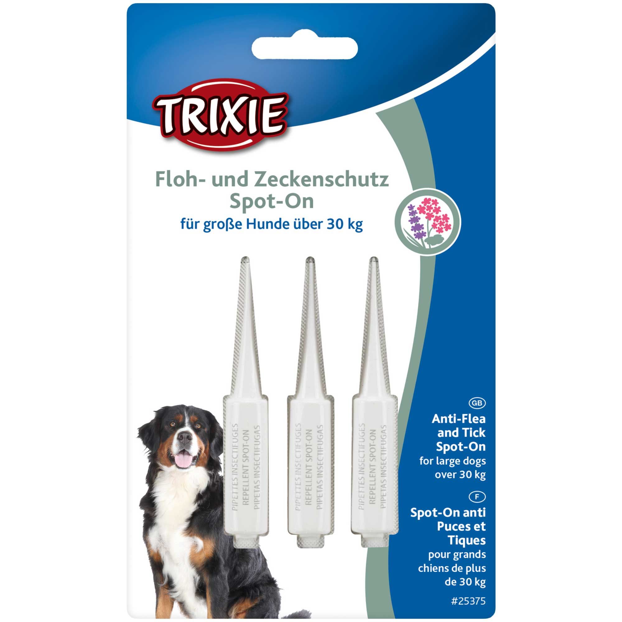Verpackung mit drei Spot-On-Pipetten. Aufschrift: Trixie Floh- und Zeckenschutz Spot-On für große Hunde über 30 kg.