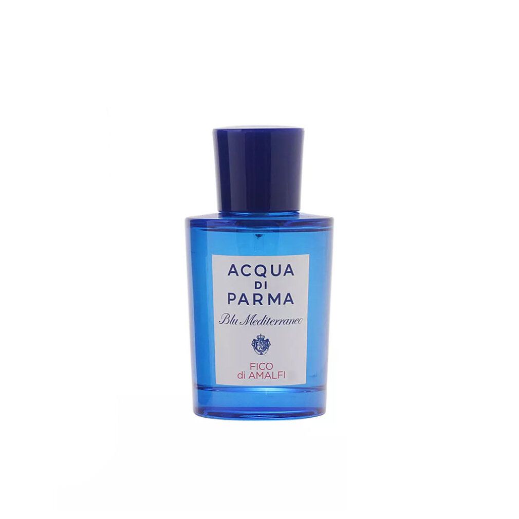 Blaue Flasche mit blauem Verschluss. Weißes Etikett mit Text: Acqua Di Parma Blu Mediterraneo Fico di Amalfi.