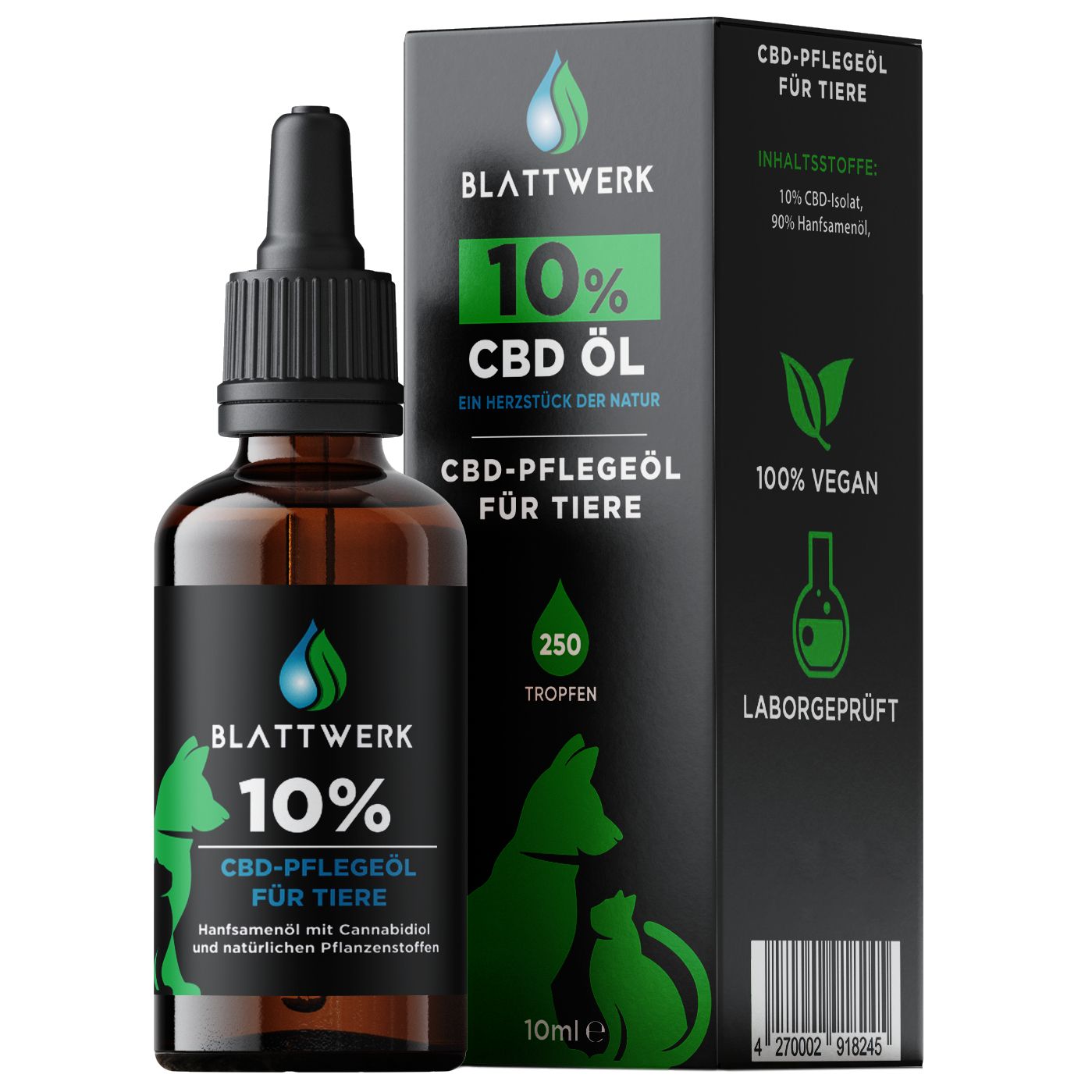 10% CBD Öl für Hunde & Katzen - Deutsche Qualität - CBD Öl Hund - 10ml - 250 CBD Tropfen - BLATTWERK