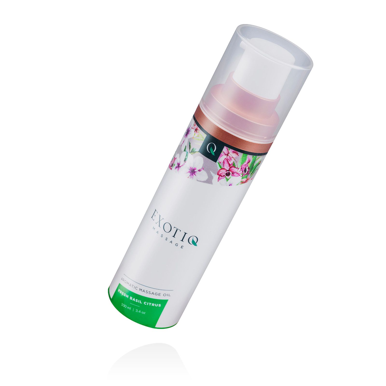 Massageöl-Flasche, weiß, mit floralem Design und grünem Streifen. Aufschrift: Exotiq Massage, Aroma Basilikum Zitrone.