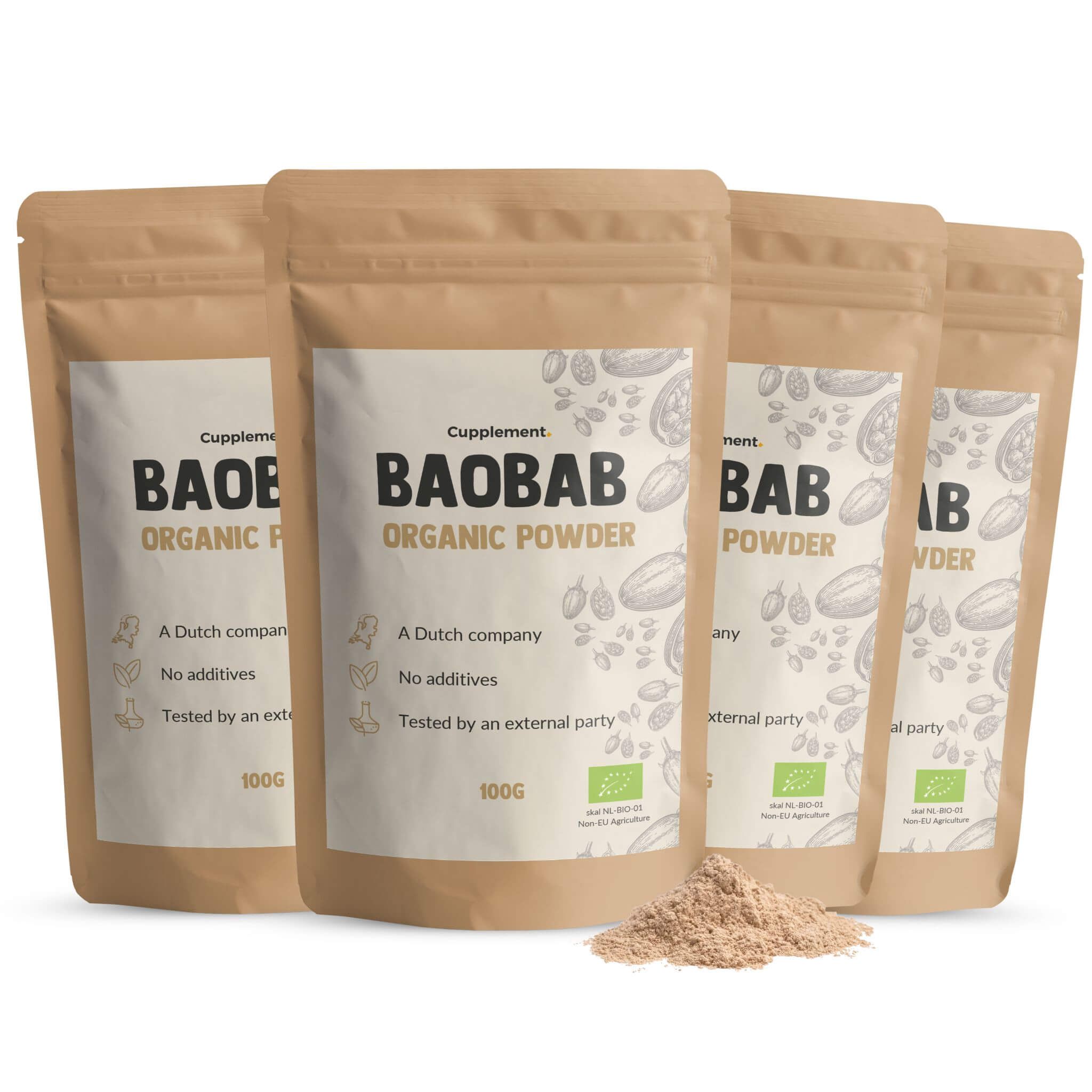 Mehrfachpackung Cupplement® Baobab Pulver. Vier Beutel, braun, mit Produktinformationen. BIO-Zertifizierung.