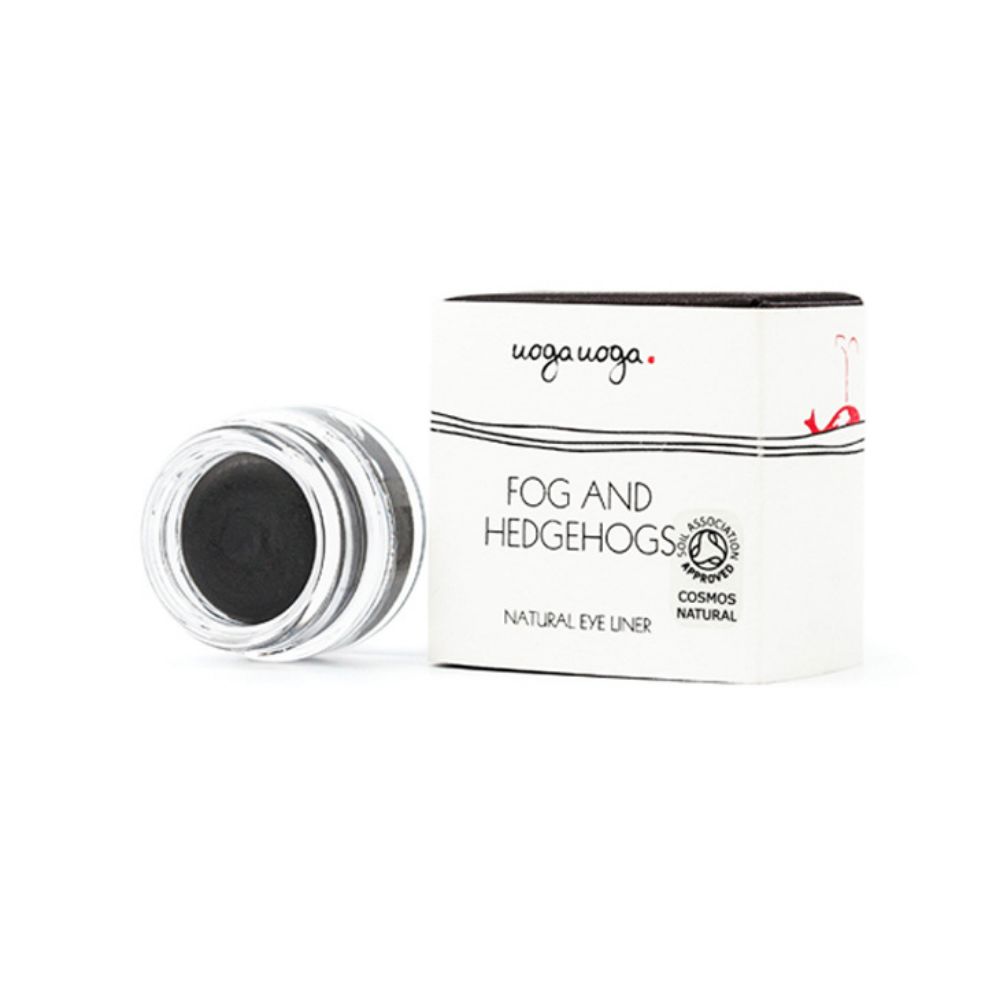 Schwarzer Eyeliner in einem Glasbehälter. Daneben eine weiße Schachtel mit Produktnamen und Logo. COSMOS NATURAL-Zertifizierung.