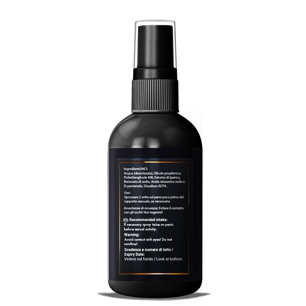 Schwarze Sprühflasche mit Text auf Etikett. Enthält Inhaltsstoffe, Anwendungshinweise und Warnhinweise.