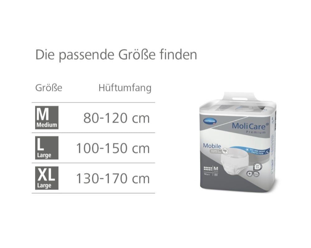 Größentabelle für MoliCare Mobile. Größen M, L, XL mit Hüftumfang. Eine Packung MoliCare Mobile, Größe M, rechts.