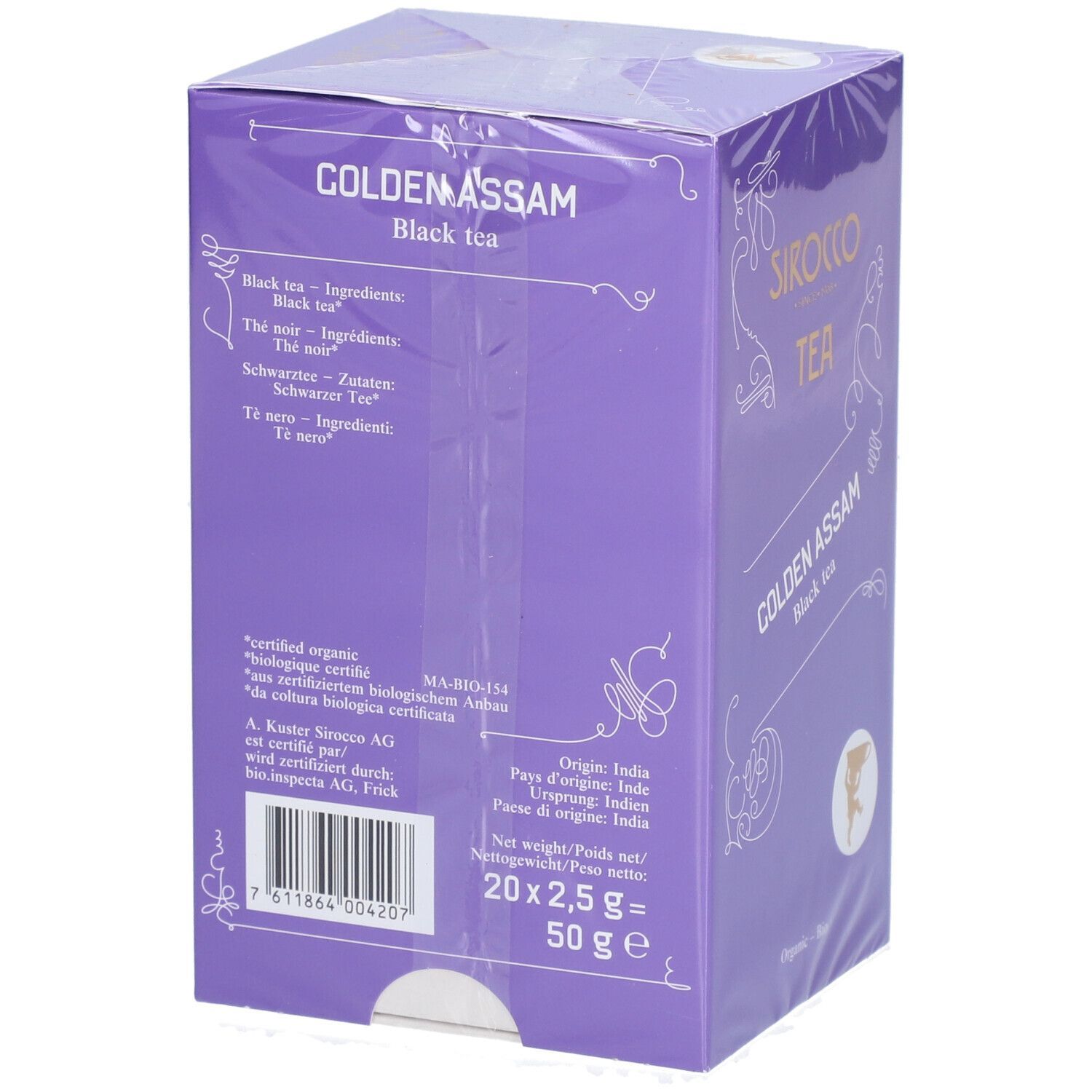 Violette Verpackung mit "Sirocco Tea Golden Assam". Rückseite mit Inhaltsangaben, Ursprung Indien, Gewicht 50g.