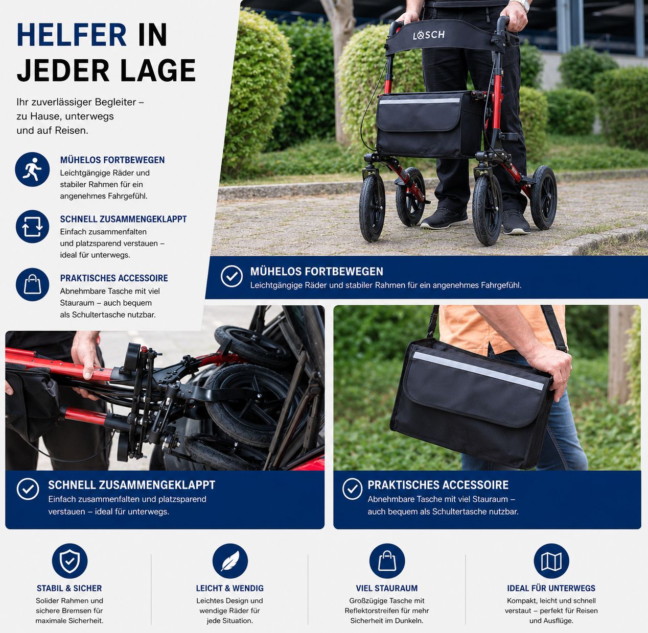 Rollator in Gebrauch. Roter Rahmen, schwarze Räder. Schwarze Tasche. Zusammenklappbar. Text: Helfer in jeder Lage.
