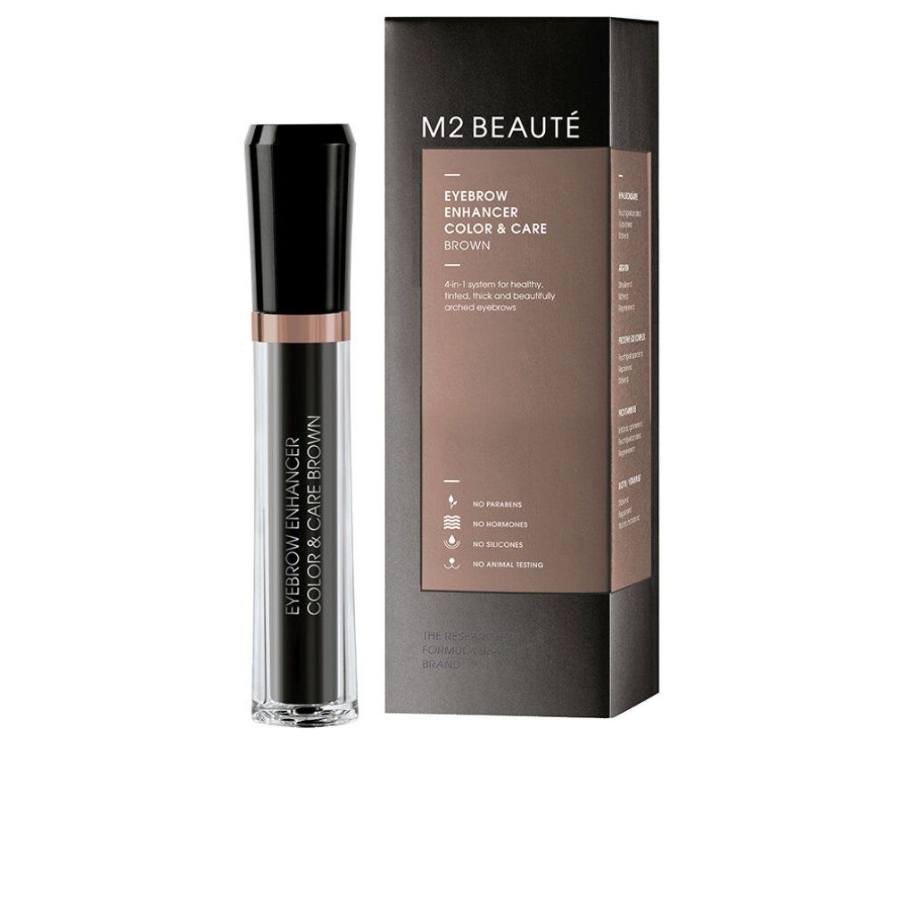 M2 Beauté Eyebrow Enhancer, braun, in Verpackung. Schwarze Tube mit schwarzem Deckel, daneben schwarze Schachtel mit Produktinformationen.