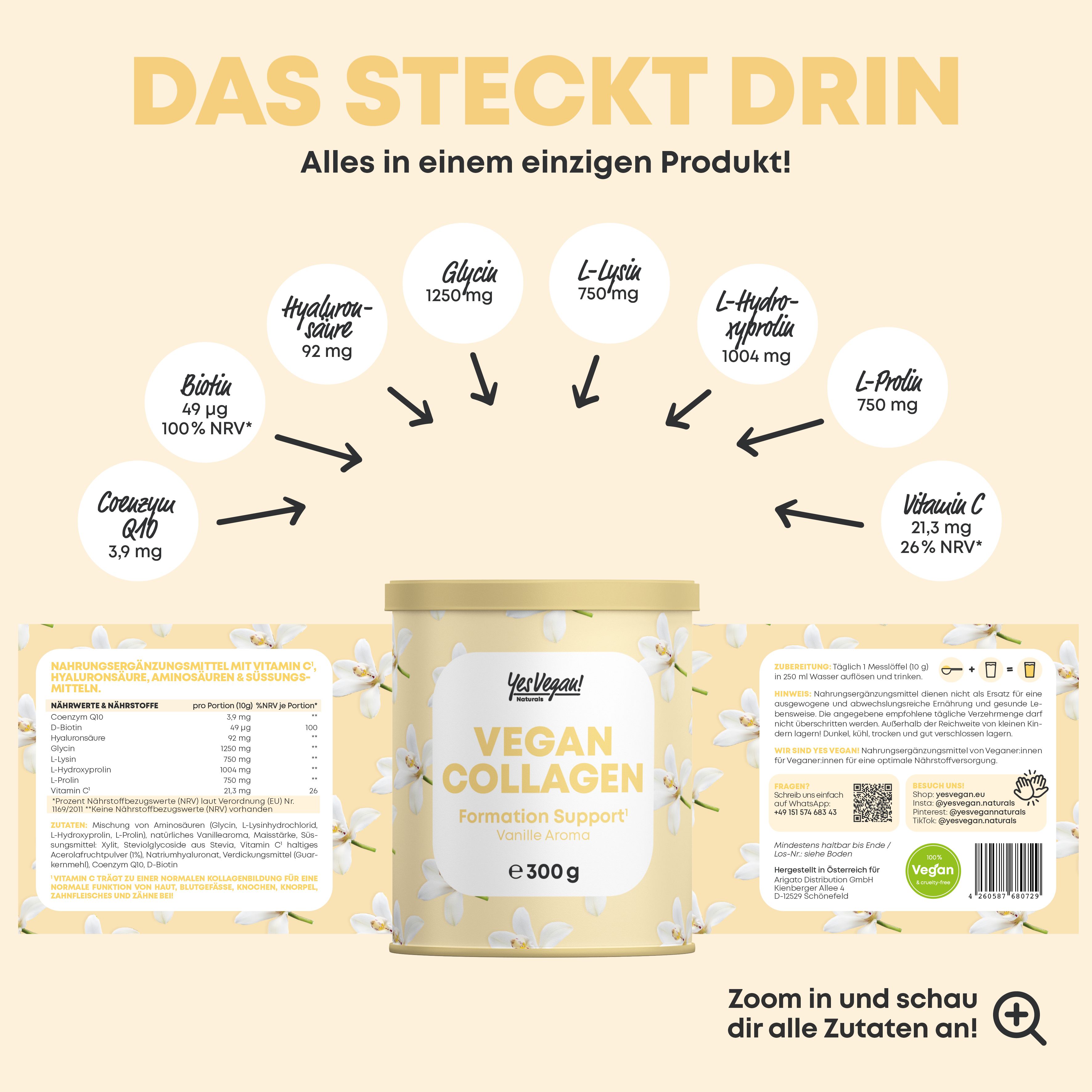 Yes Vegan® Vegan Collagen Pulver (300 Gramm) mit Aminosäuren, Vitamin C, Biotin & Coenzym Q10 1x300 g