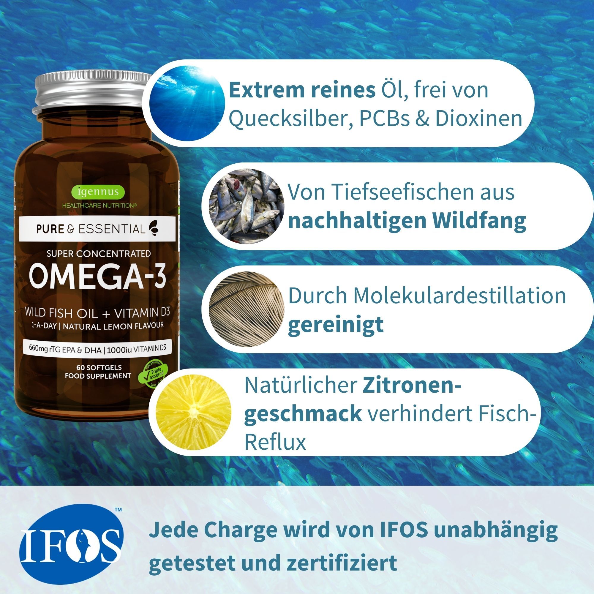 Igennus Omega-3 Fischöl mit D3 1000 IE, 1-mal täglich, IFOS-zertifiziert
