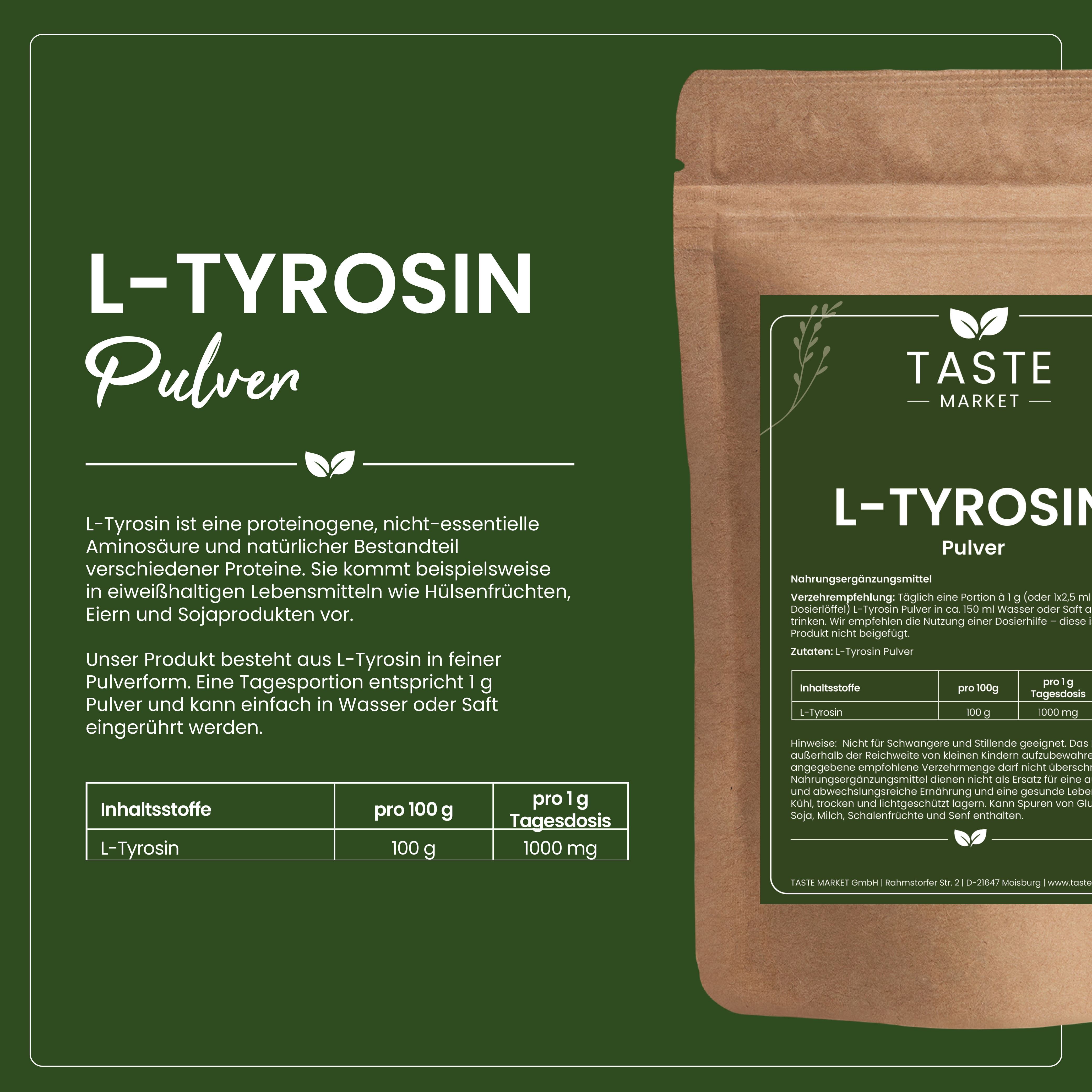 Taste Market L-Tyrosin Pulver: Beschreibung, Inhaltsstoffe und Nährwerte.