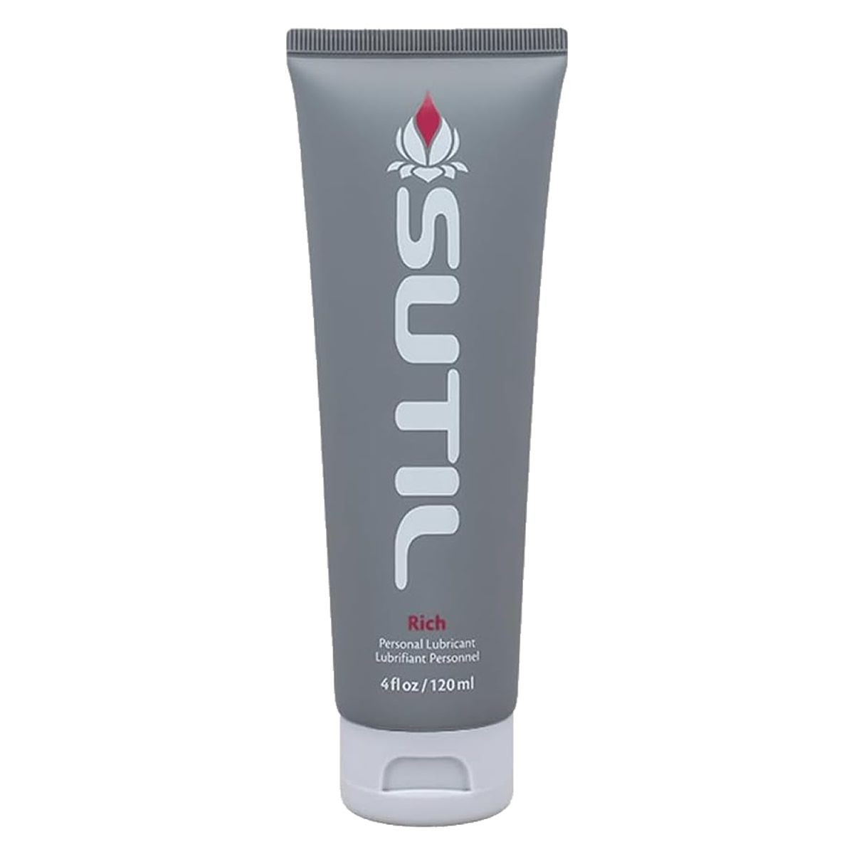 Graue Tube mit weißem "SUTIL"-Logo und rotem Akzent. Text: "Rich Personal Lubricant". Volumen: 4 fl oz / 120 ml.