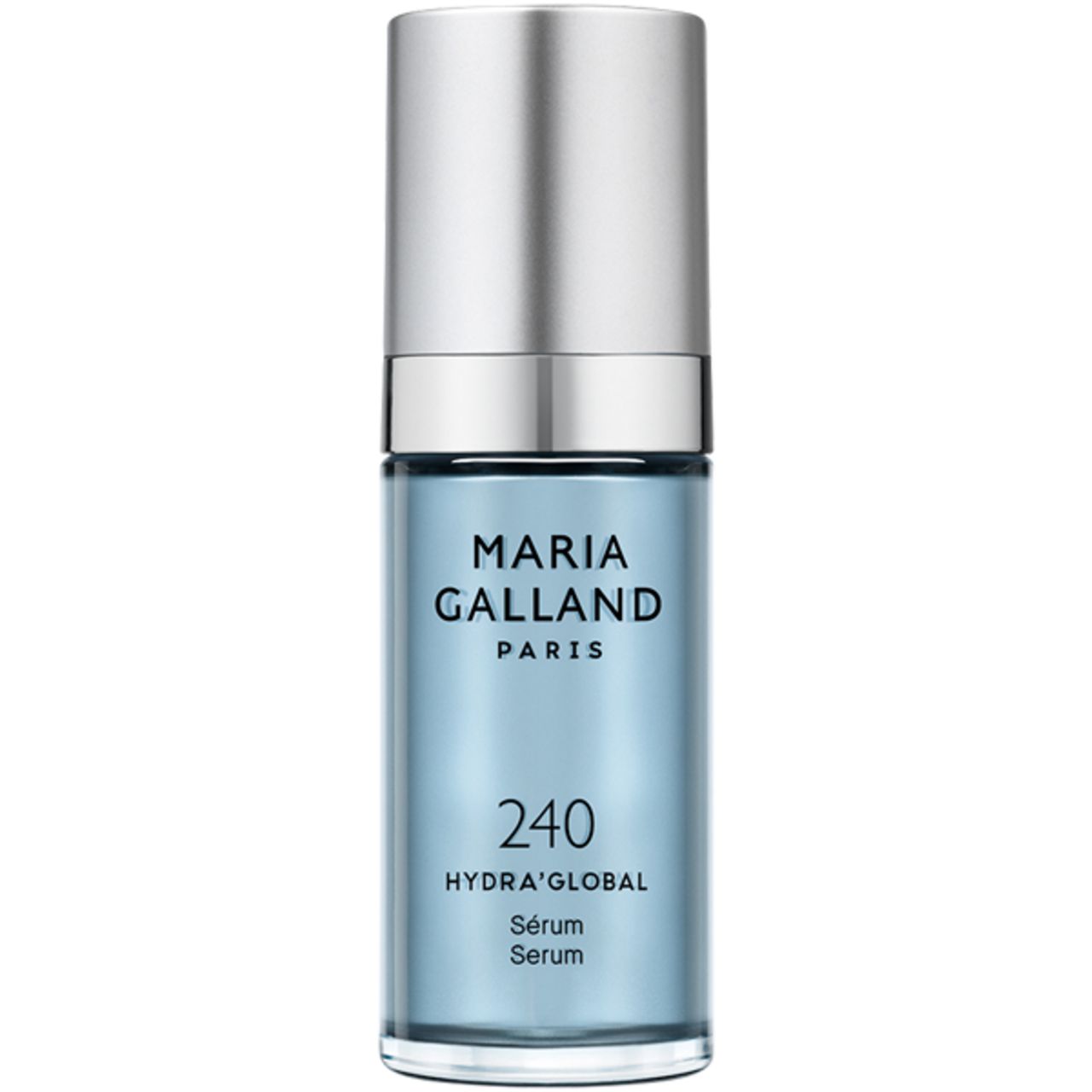 Blau-silberne Serumflasche. Schriftzug: MARIA GALLAND PARIS, 240 HYDRA'GLOBAL, Sérum Serum.