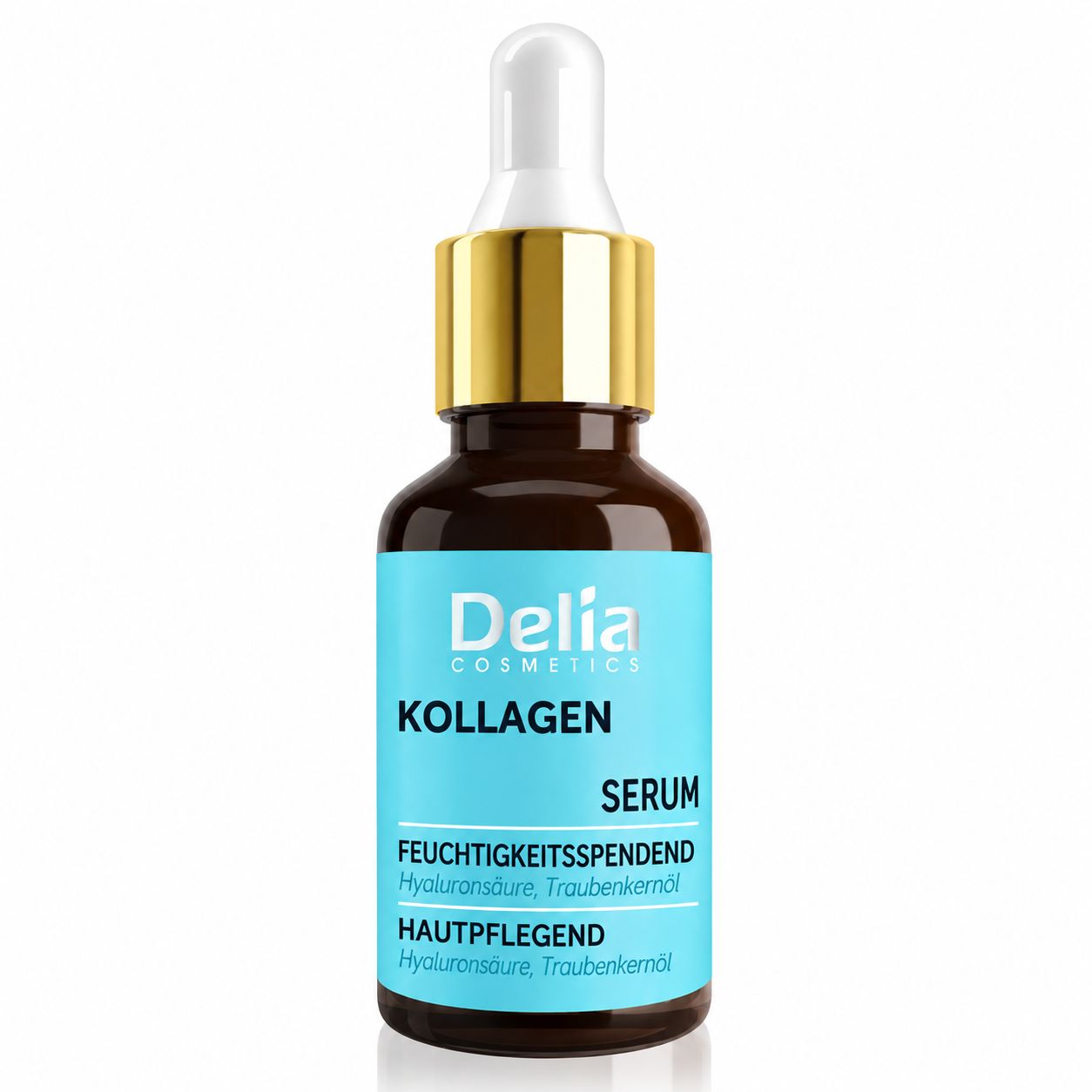 Delia Cosmetics Kollagen Serum. Feuchtigkeitsspendend, hautpflegend. Flakon mit Pipette und Umverpackung.