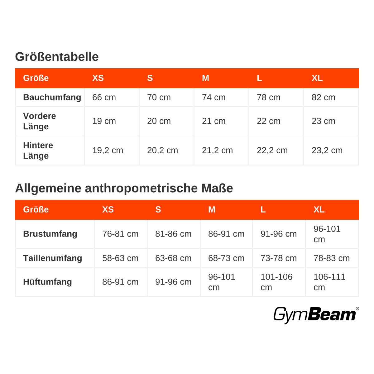 Größentabelle mit Bauchumfang, Vorder- und Hinterlänge sowie allgemeine Maße für Brust-, Taillen- und Hüftumfang.
