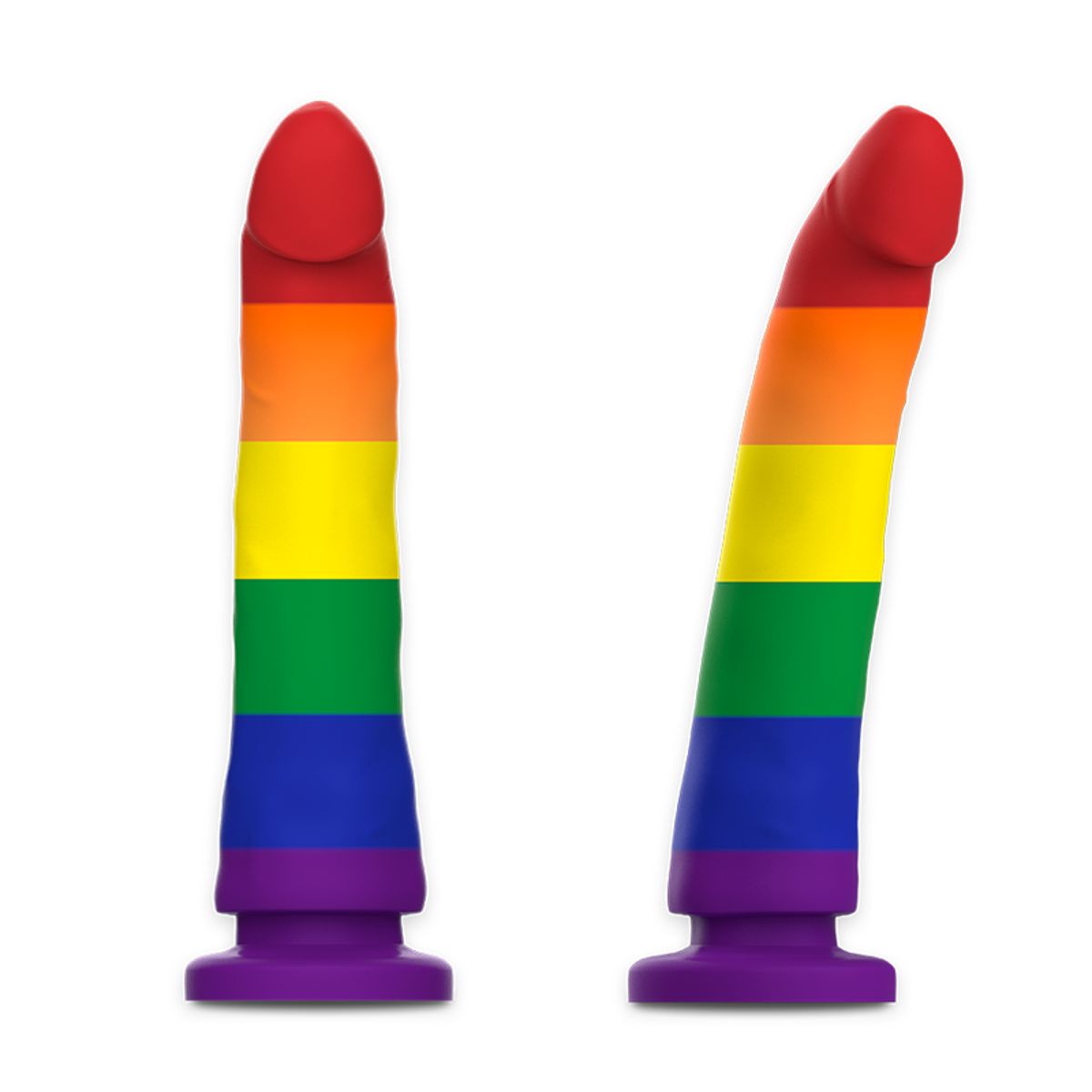 Zwei Dildos mit Regenbogenfarben. Rot, orange, gelb, grün, blau und lila. Basis und Spitze rot. Gerade und gebogene Form.
