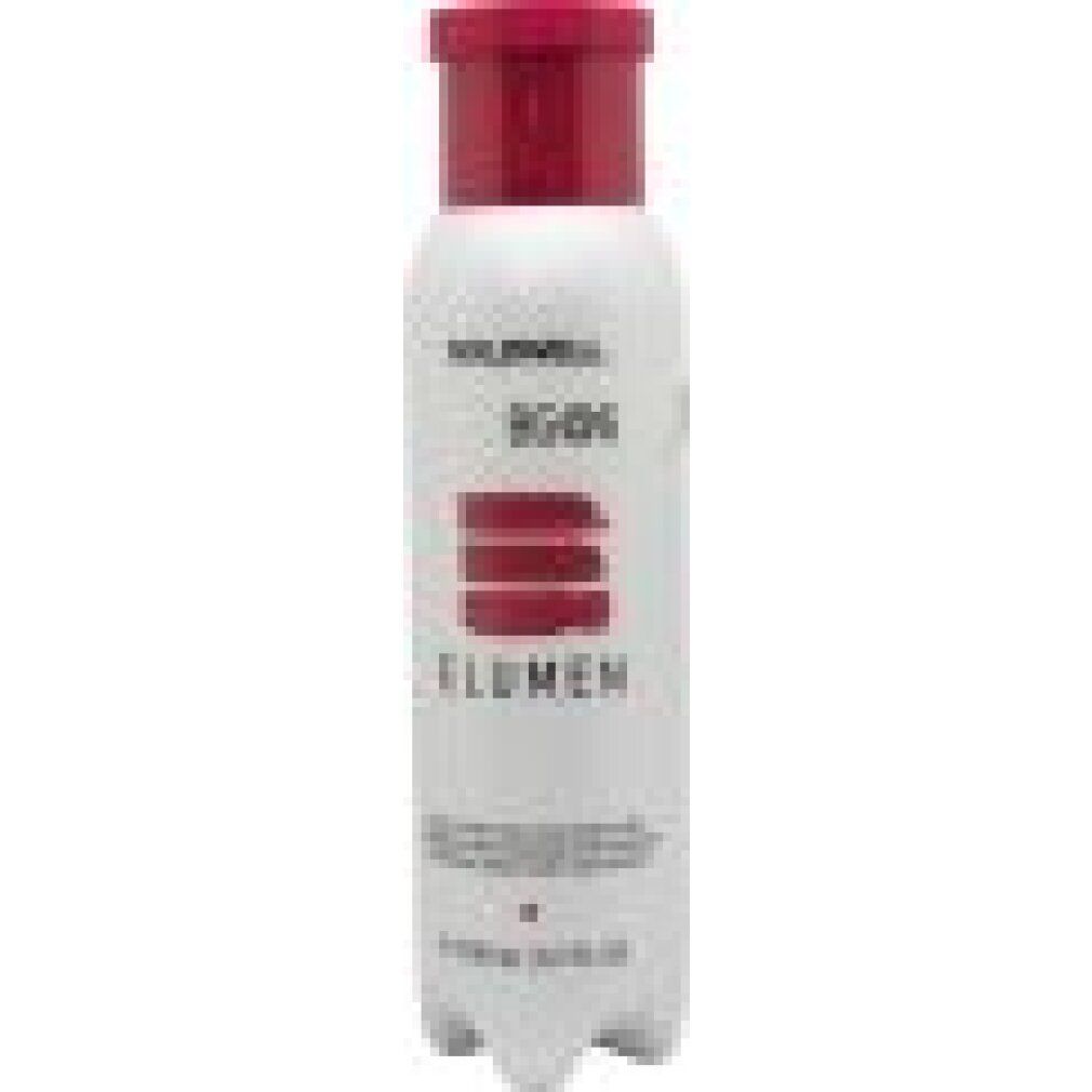 Flasche mit rotem Verschluss. Aufschrift: GOLDWELL, BG@6, ELUMEN. Text: Long-lasting hair color.