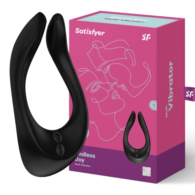 Schwarzer Multi Vibrator und Verpackung. Verpackung: rosa, Aufschrift Satisfyer, Endless Joy, Multi Vibrator.