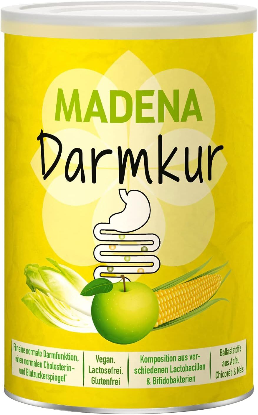Gelbe Dose mit MADENA Darmkur-Logo, Illustration von Magen, Darm, Apfel, Mais und Chicorée. Text: Vegan, laktosefrei, glutenfrei.