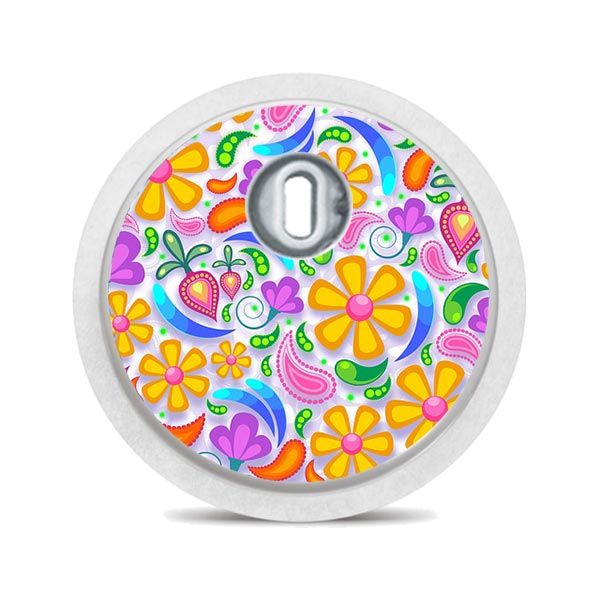 Runder Aufkleber mit Blumenmuster. Gelbe Blüten und Paisley-Muster.