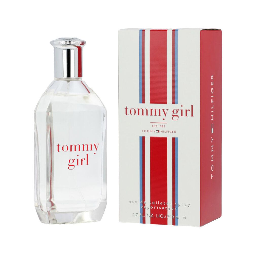 Glasflakon und Verpackung. Flakon mit silbernem Verschluss, roter Schriftzug 'tommy girl'. Verpackung rot-weiß gestreift.