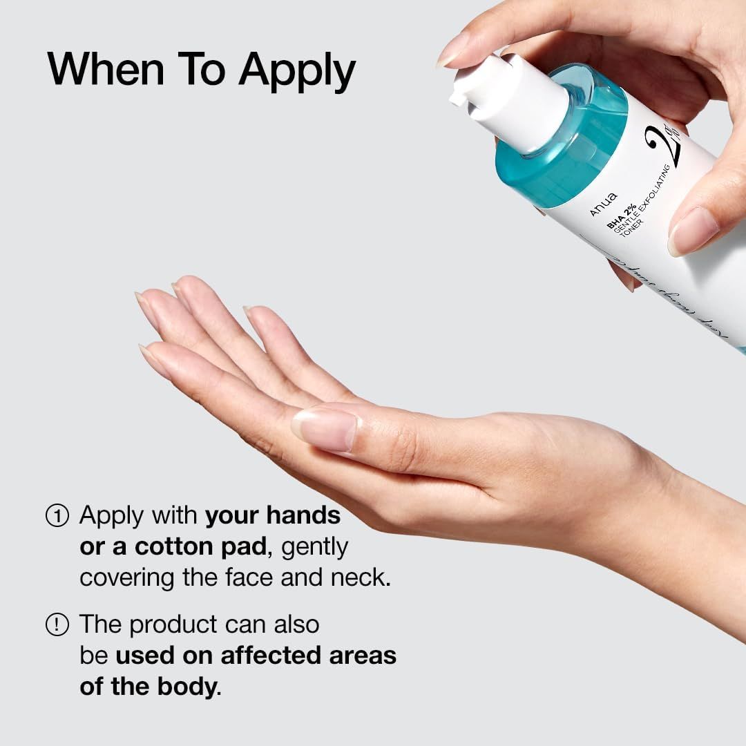 Hände halten eine Tonerflasche. Text: Anwendung mit Händen oder Wattepad. Kann auch auf betroffenen Körperstellen verwendet werden.