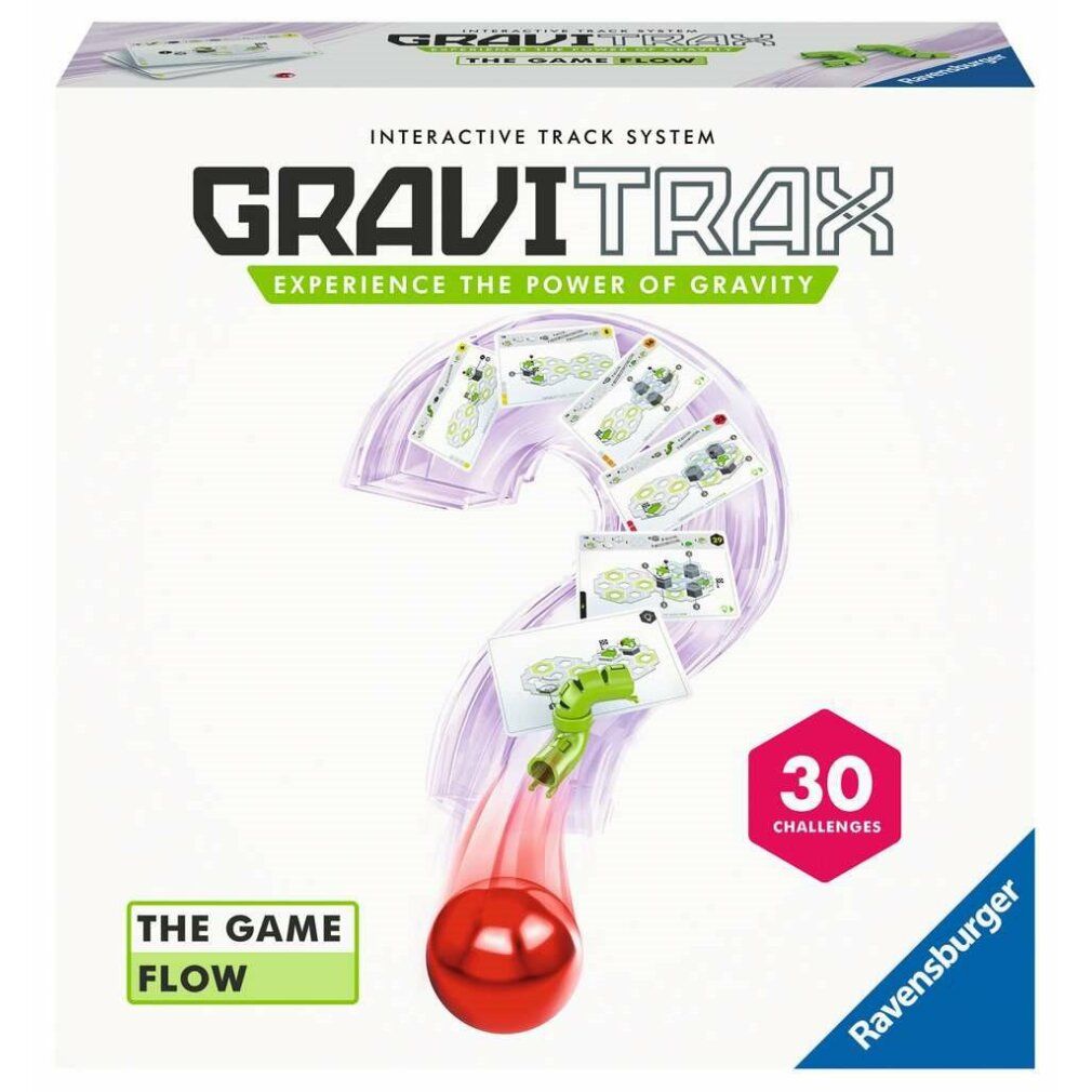 Ravensburger GraviTrax The Game Flow. Verpackung mit Spielzeug. Roter Ball, Fragezeichen-Form, 30 Herausforderungen. Ravensburger Logo.