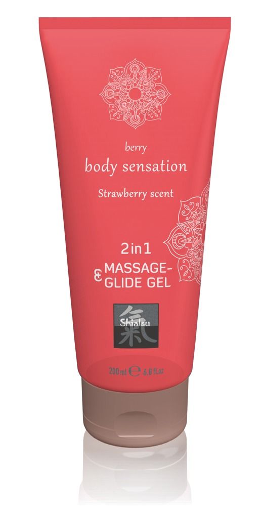 Rote Tube mit Massage- & Gleitgel. Aufschrift: berry body sensation, Strawberry scent, 2in1 Massage- & Glide Gel. Marke: Shiatsu. 200 ml.