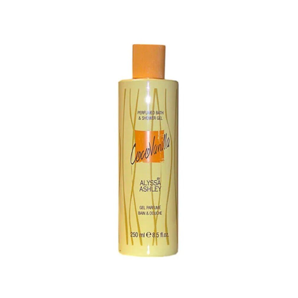 Gel-Duschbad Coco Vanilla von Alyssa Ashley. Gelbe Flasche mit orangefarbenem Deckel. Aufschrift Coco Vanilla und Alyssa Ashley.