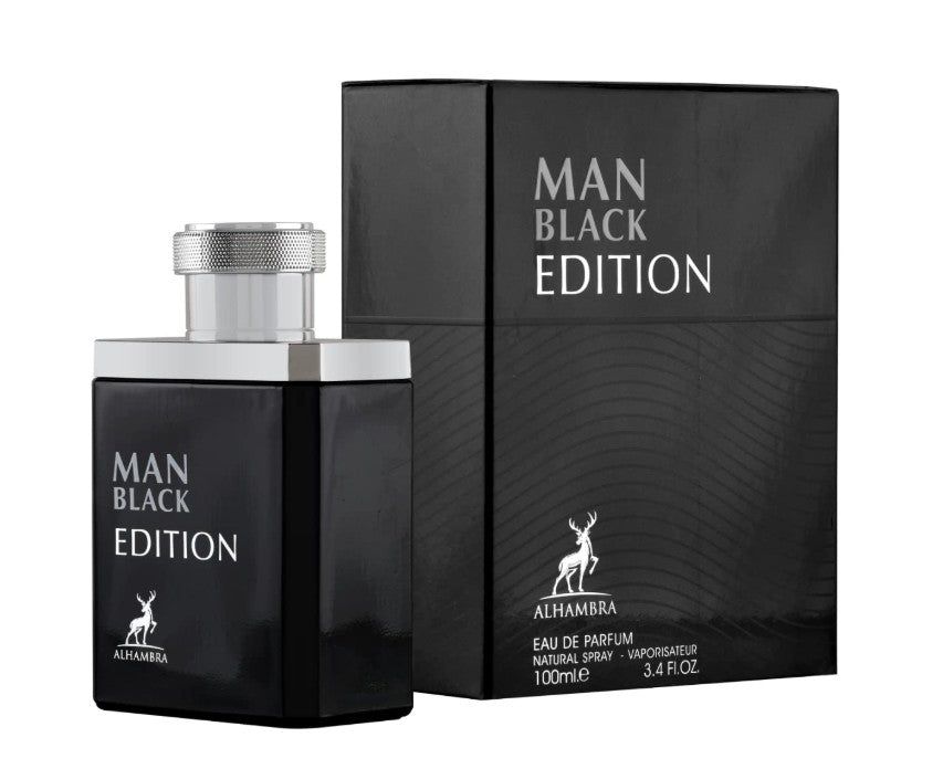 Schwarzer Flakon mit silbernem Verschluss und schwarzer Verpackung. Aufschrift: MAN BLACK EDITION, Alhambra.
