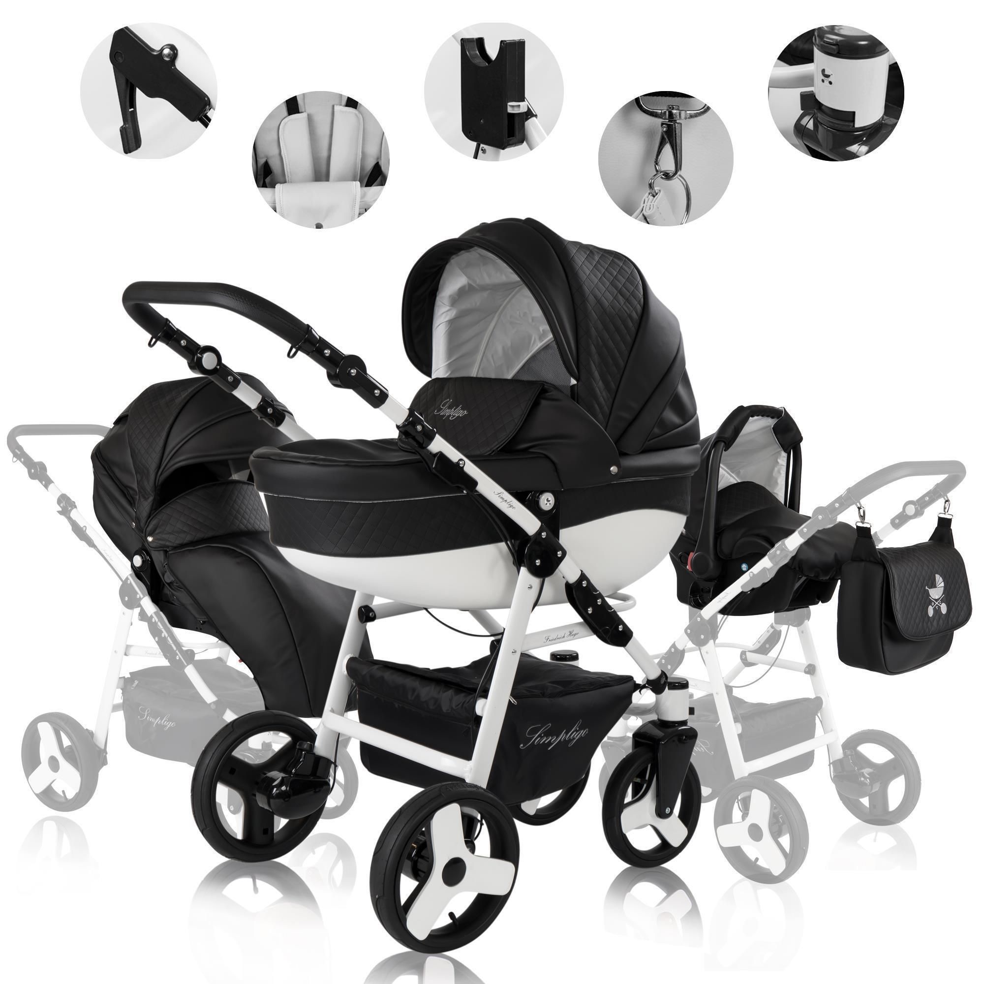 Kinderwagen-Set, schwarz und weiß. Enthält Babywanne, Sportsitz, Babyschale und Zubehör. Simpligo-Logo.
