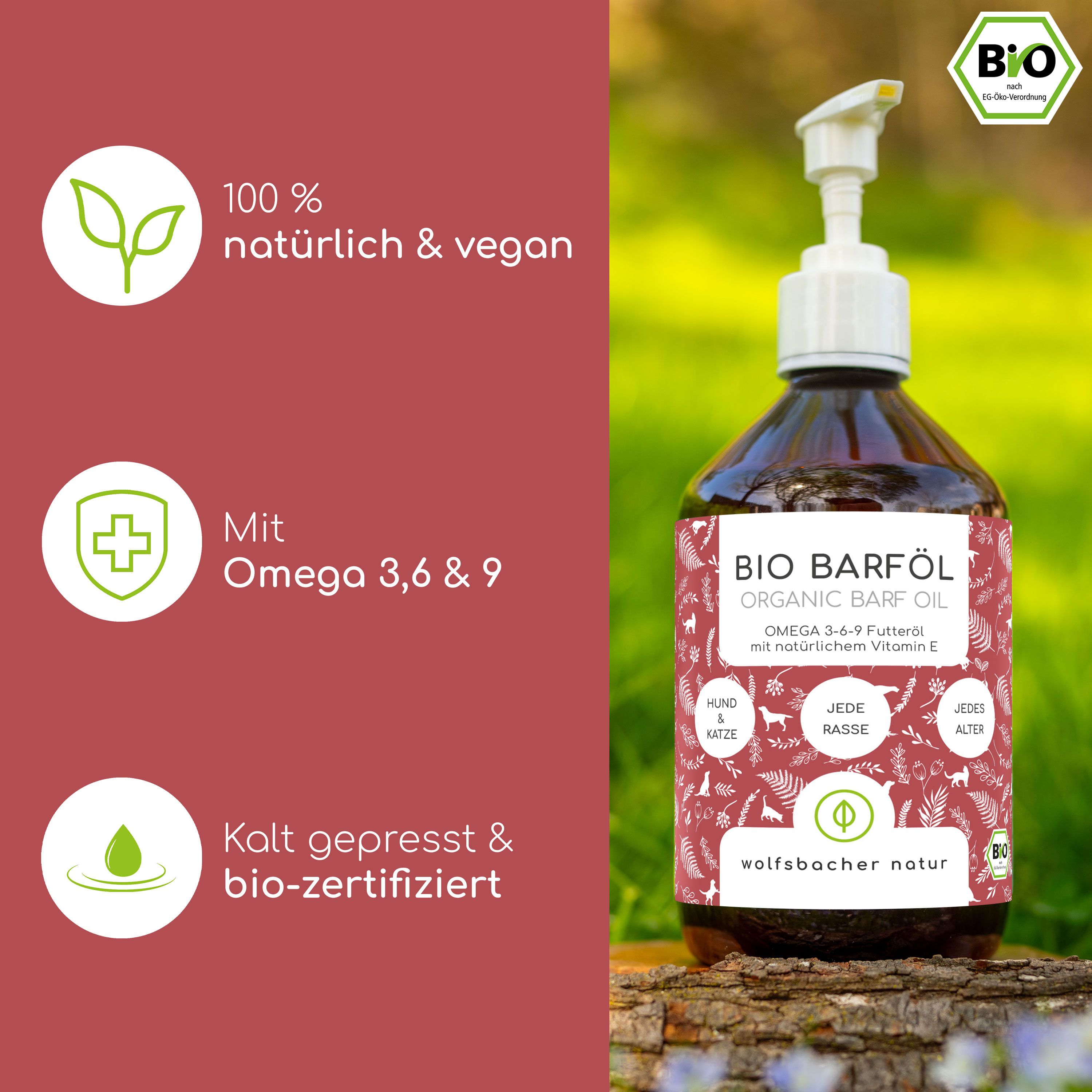 Flasche BIO Barföl mit Bio-Siegel. Icons: 100% natürlich & vegan, Omega 3,6 & 9, kalt gepresst & bio-zertifiziert.