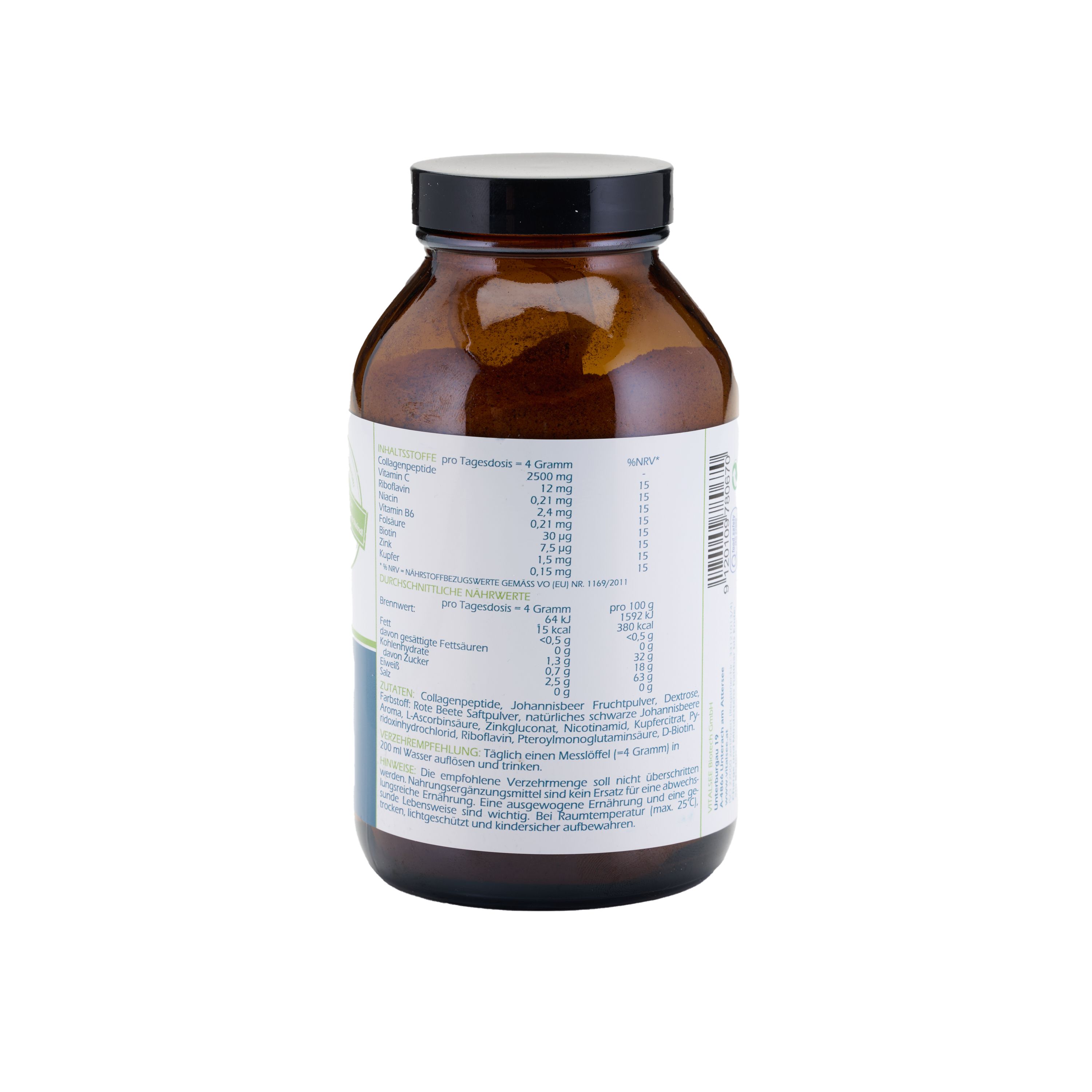 Rückseite einer Braunglasflasche mit Vitalsee Collagen Beauty Nährwertangaben.