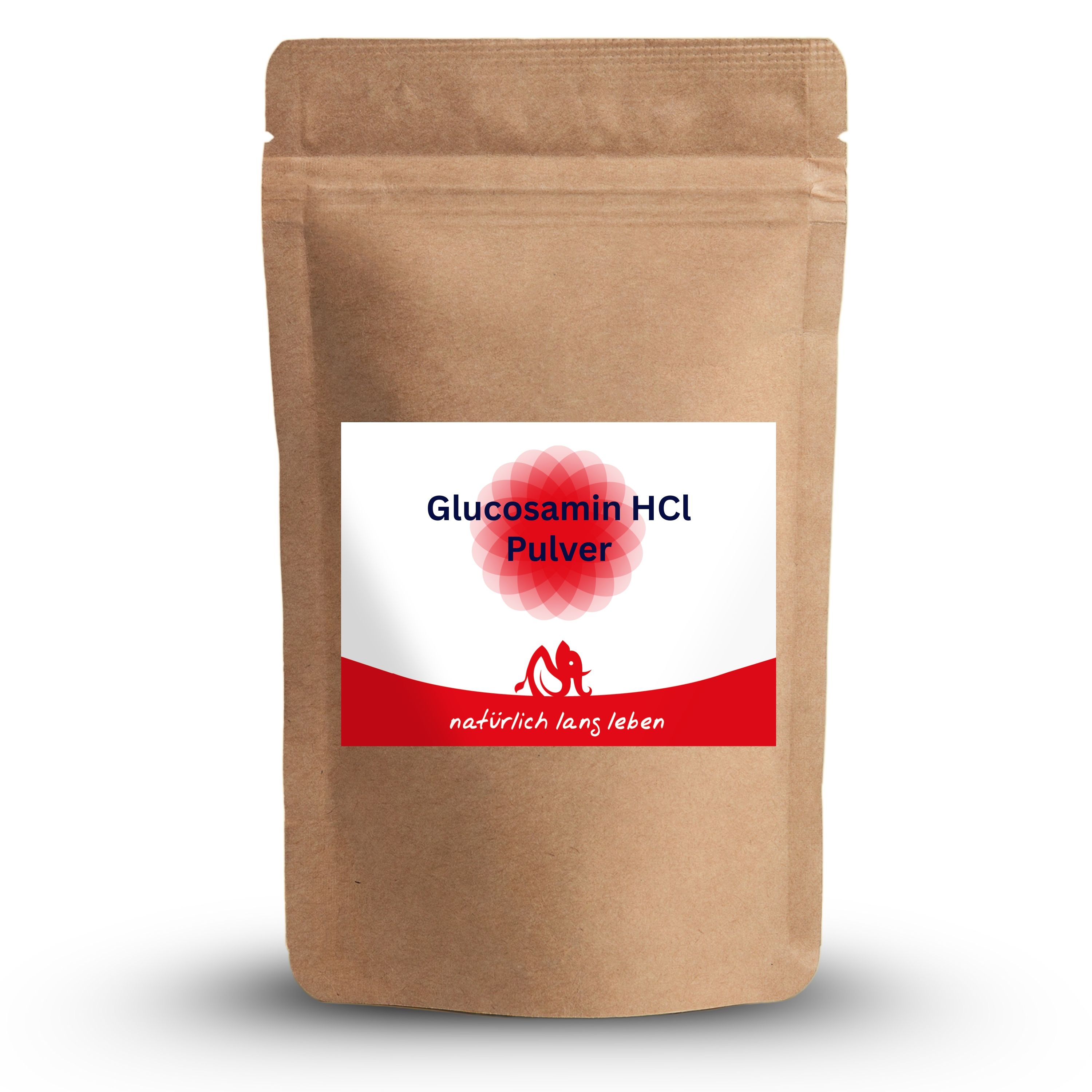 Braune Pulverpackung mit Etikett. Etikett mit rotem Band, Text: Glucosamin HCl Pulver, natürlich lang leben.