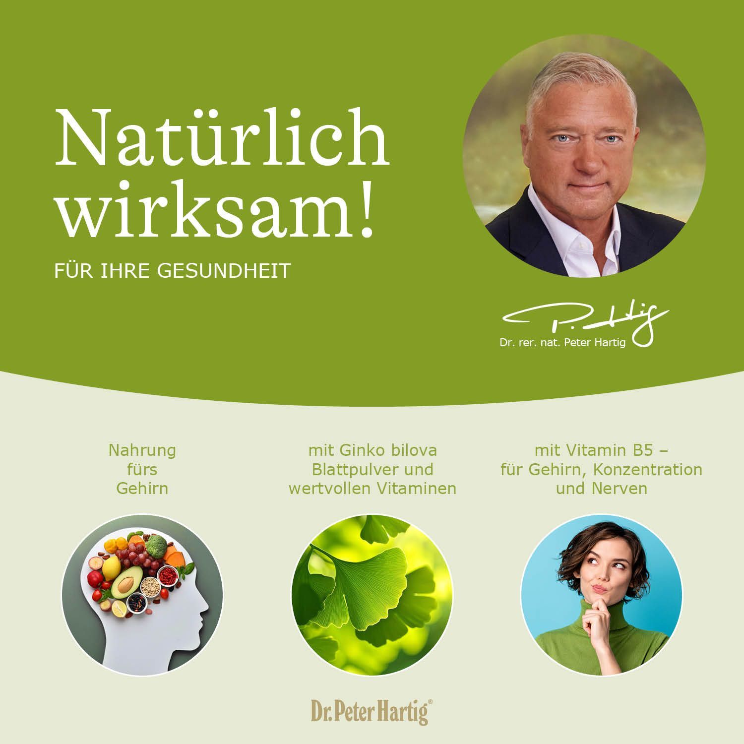 Empfehlung: 1-2 Kapseln täglich. Nährstofftabelle mit Inhaltsstoffen: Ginkgo biloba, Spirulina, Vitamine B1, B3, B5, B6.