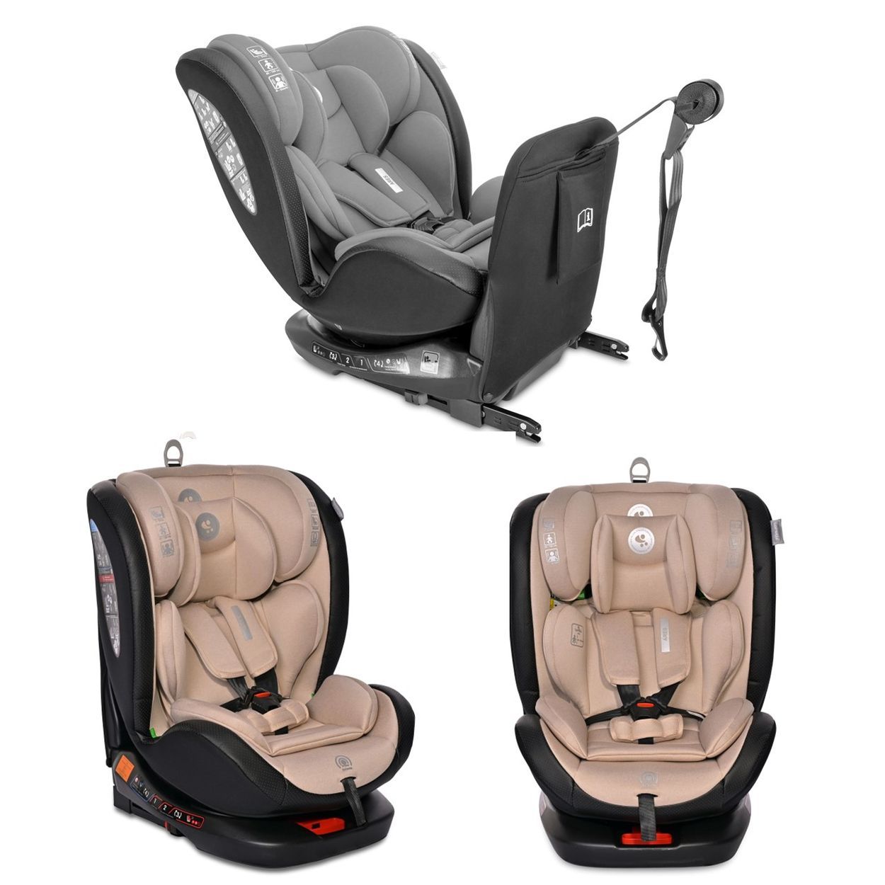 Kindersitz-Set: drehbarer Sitz, Frontansicht und Seitenansicht in Beige.