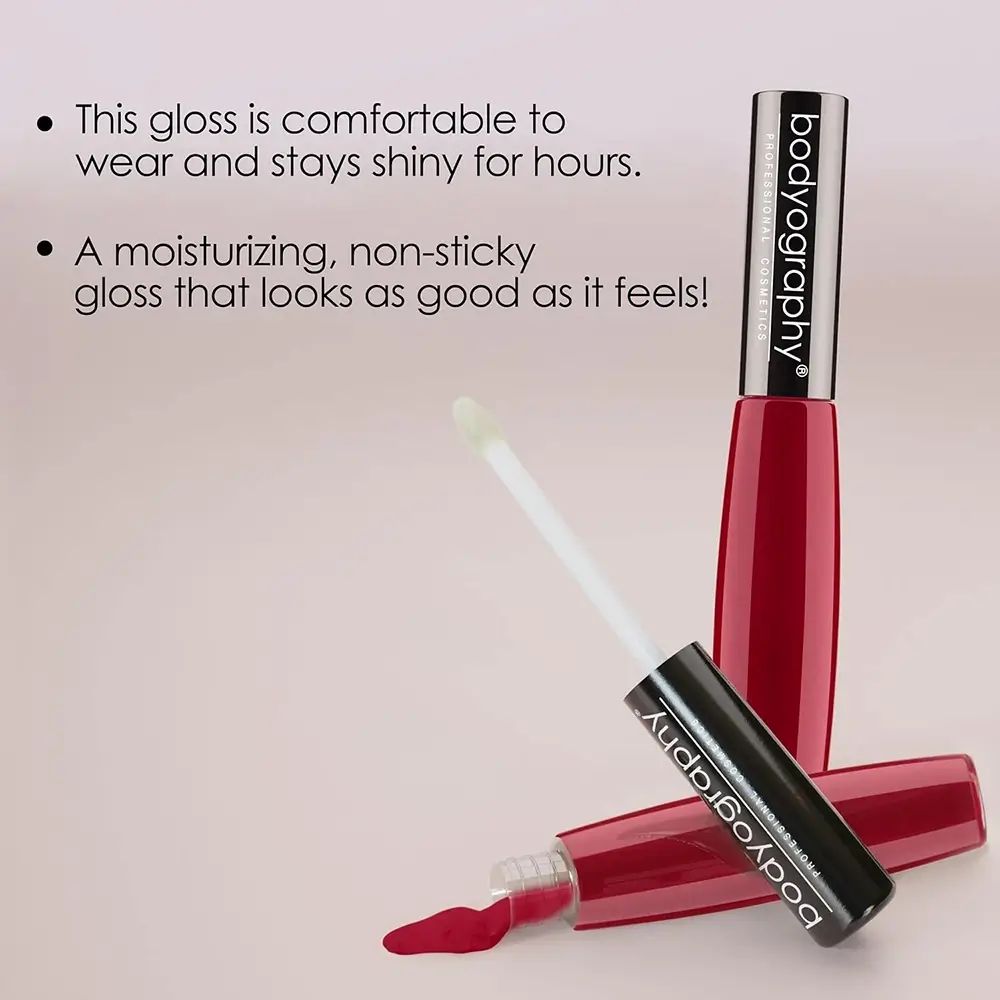 Zwei Lipgloss-Tuben, eine geöffnet mit Applikator. Text: "bodyography".