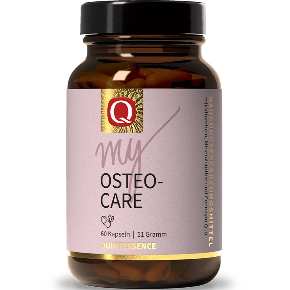 Braune Glasflasche mit 60 Kapseln "my OSTEO-CARE", 51 Gramm. Enthält Vitamine, Mineralstoffe und Coenzym Q10.