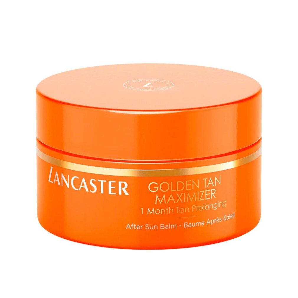 Orangefarbener Tiegel. Aufschrift: Lancaster Golden Tan Maximizer After Sun Balm. 1 Month Tan Prolonging.